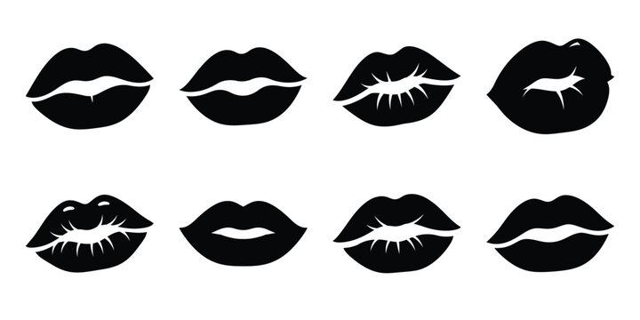 kiss lips Valentine's Day icon set silhouette style and isolated on white background Vector illustration