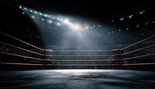 Boxing ring ready for match at night with spotlight shining in empty arena - Powered by Adobe