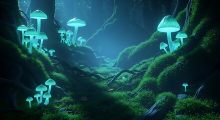 Enchanted Forest Illuminated Mushrooms in Mossy Woodland Scene