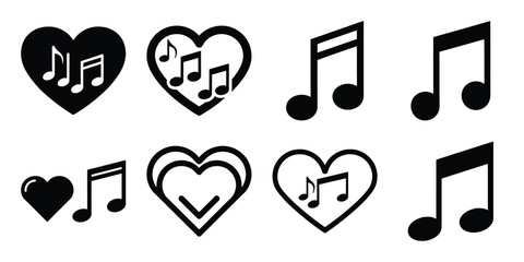 love music Valentine's Day icon set silhouette style and isolated on white background Vector illustration