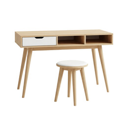Minimalist Wooden Desk and Stool Set Light Finish Drawer Open Storage White Cushion Modern Interior | Clean Realistic Transparent PNG Home Office Furniture