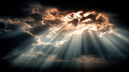 Sun rays piercing dramatic storm clouds over the horizon, illustrating hope guidance and the idea of clarity emerging after uncertainty.
