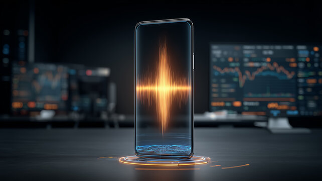Financial trading alerts visualized as an audio waveform inside a standing smartphone, symbolizing real time market monitoring, investment decisions and mobile analytics for active traders.
