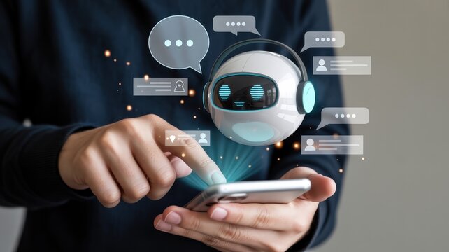 Person interacts with floating holographic artificial intelligence assistant interface on a mobile device