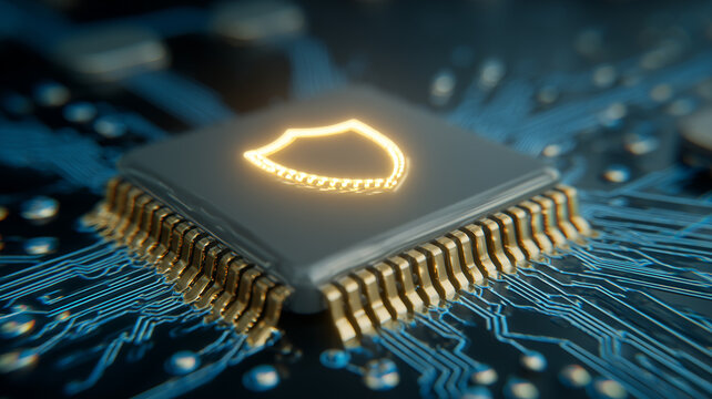 Microchip with illuminated shield symbol on its surface, representing embedded cybersecurity encryption and robust hardware level data protection.
