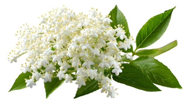 White elderflower blooms with green leaves on transparent background. Isolated for designs, product mockups, and summer themes.