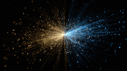 Abstract representation of an energetic particle collision with bright, diverging lines. It portrays a complex scientific event, offering a visual of high-energy physics and atomic interactions.