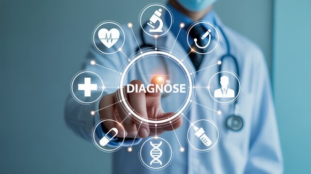 Medical professional interacts with a futuristic digital interface centered on diagnostic concepts