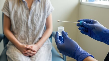 Healthcare professional prepares to collect a sample from a patient using a swab and collection tube