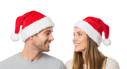 Couple wearing santa hats looking at each other, isolated on transparent background