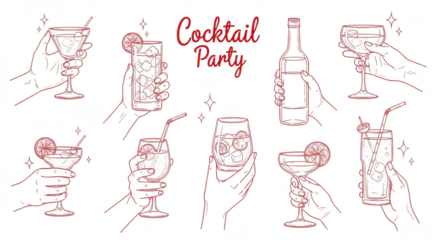Cocktail party illustration with various drinks, isolated on transparent background