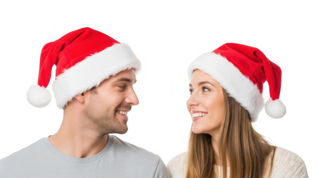 Couple wearing santa hats looking at each other, isolated on transparent background