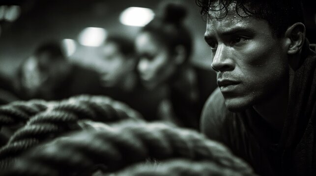A determined man sweats while engaged in a strenuous rope workout, with other individuals blurred in the background, highlighting intense physical exertion.