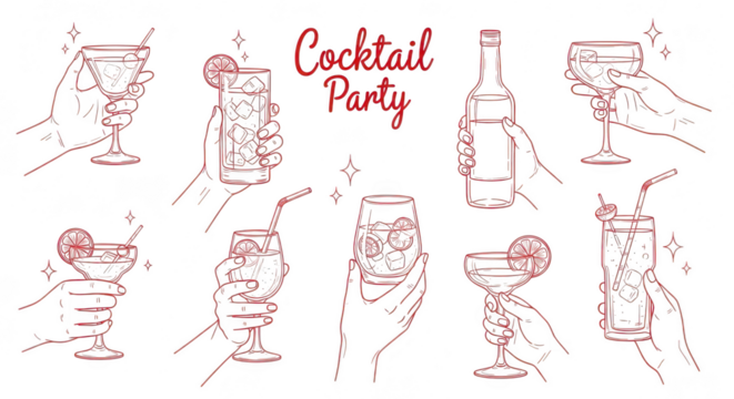 Cocktail party illustration with various drinks, isolated on transparent background