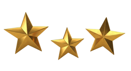 Three shiny golden 3d rendered stars, perfectly isolated, symbolizing achievement, quality, success, and excellent rating or reviews, transparent background, png
