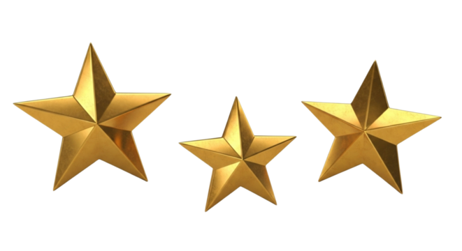 Three shiny golden 3d rendered stars, perfectly isolated, symbolizing achievement, quality, success, and excellent rating or reviews, transparent background, png
