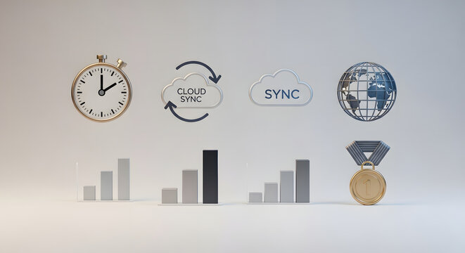 Collection of business and technology icons representing global synchronization and performance.