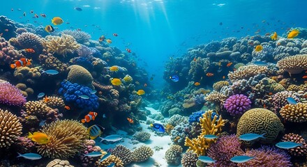 Vibrant underwater coral reef habitat teeming with marine life and colorful fish