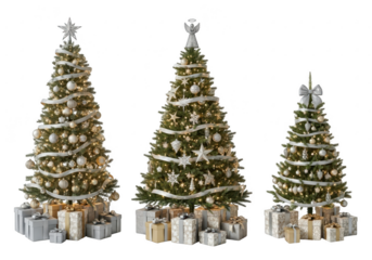 Three decorated christmas trees with gifts, isolated on transparent background