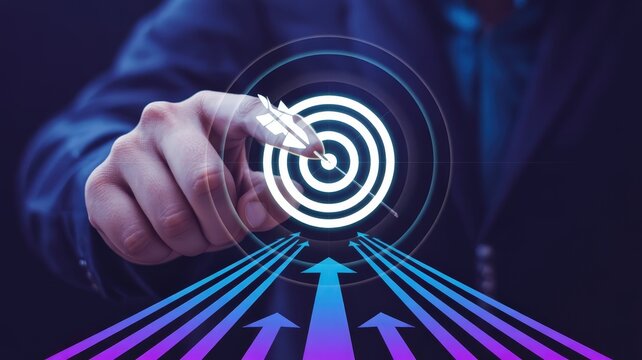 Business professional aims an arrow precisely at the center of a glowing digital target representing strategic success