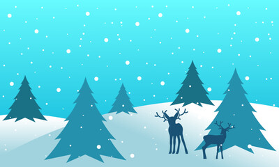 Naklejka premium A charming winter landscape illustration featuring a cute parent and child reindeer duo wearing festive hats in a snowy pine forest