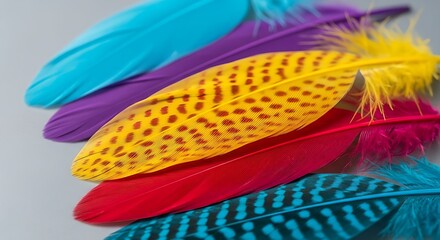 Vibrant and colorful feathers in a close-up shot against a neutral background