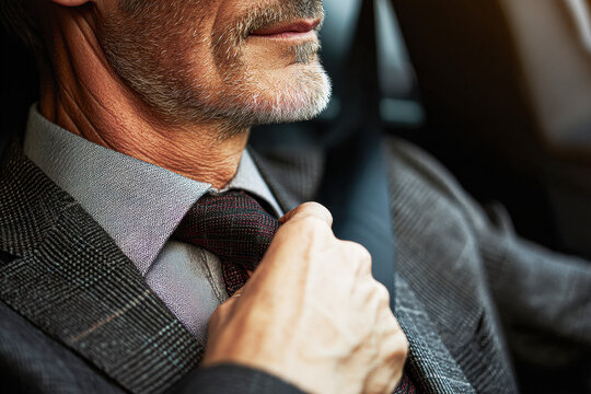 A well-dressed man adjusts his tie while seated in a car, exuding confidence and sophistication.