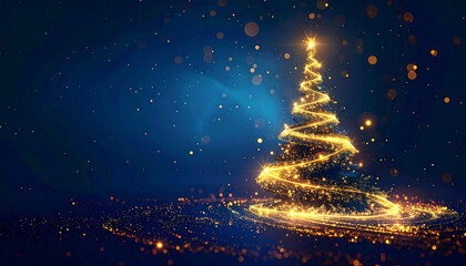 Glowing abstract Christmas tree made of golden lights spirals against dark blue background, creating festive and magical atmosphere