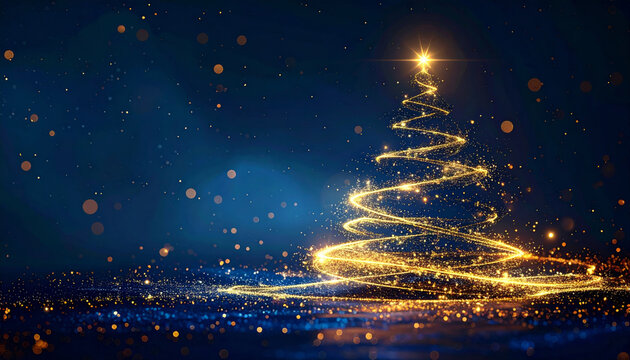 Glowing abstract Christmas tree made of golden light swirls against dark blue background, evoking festive and magical atmosphere