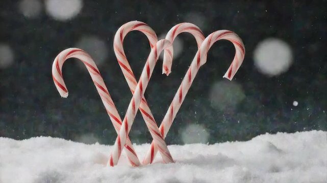 Four candy canes, red and white striped, stand in snow with a dark blurred background