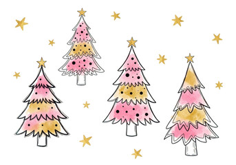 Four christmas trees with stars isolated on transparent background