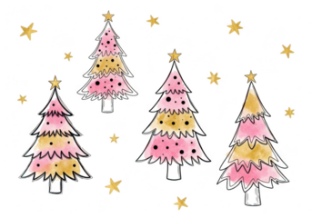 Four christmas trees with stars isolated on transparent background