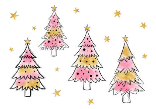 Four christmas trees with stars isolated on transparent background