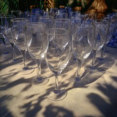 A collection of clear, elegant champagne flutes casting delicate shadows on a light table.