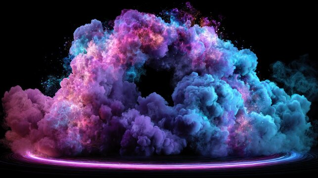 Colorful smoke explosion with glowing ring on black background.