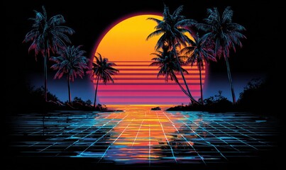 Retro sunset over water with palm trees in neon hues, reminiscent of 80s aesthetics