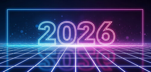 Bold 2026 numbers with neon glow set over a bright geometric grid. Vivid colors, clean digital lines, and luminous detail create a dynamic futuristic New Year backdrop.