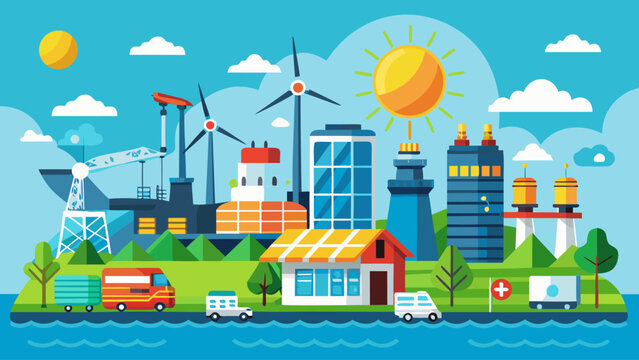 Electricity Generation Source Types &ndash; Energy Mix Diagram of Solar, Wind, Hydro, Fossil, Nuclear, Geothermal, Biomass, and Thermal Power Vector Illustration