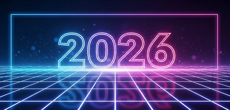 Bold 2026 numbers with neon glow set over a bright geometric grid. Vivid colors, clean digital lines, and luminous detail create a dynamic futuristic New Year backdrop.