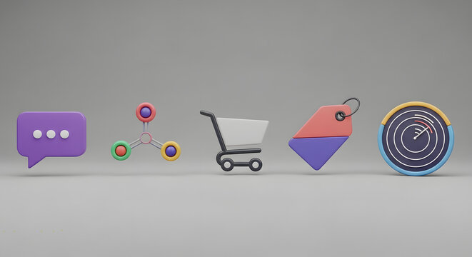 Modern 3D rendered icons for online shopping and business.