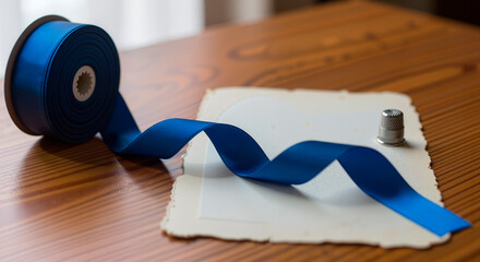 Blue ribbon and spool on textured paper with wooden background  