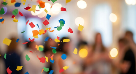 Vibrant multi-colored confetti raining down over a blurred background of happy people celebrating, symbolizing joy, success, and festive moments at a lively event or party