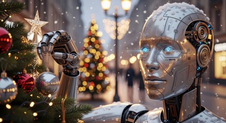 Futuristic robot hanging ornament in snowy christmas street with festive lights