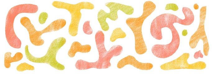 Crayon texture organic liquid shapes and fluid forms. Bubbles, organic irregular shapes with pencil texture. Bold hand drawn lines, spots. Crayon drawn boho vector illustrations.
