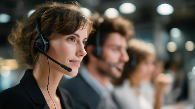 A global call center operating through different time zones, agents wearing headsets under soft LED lights as customer requests flow nonstop — 24/7 support service, multilingual assistance, and - Powered by Adobe