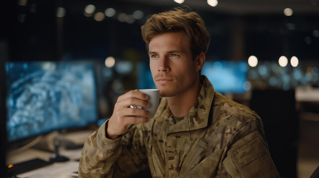 A night-shift intelligence officer analyzing infrared drone feeds in a low-light room filled with screens, marking suspicious patterns while sipping cold coffee — covert surveillance, critical