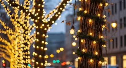 Naklejka premium Beautiful tree lights decorating city street during festive winter evening