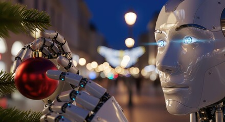 Futuristic robot holding christmas ornament with bokeh city lights background