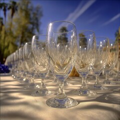Rows of elegant crystal glasses sparkling under a sunny sky.
