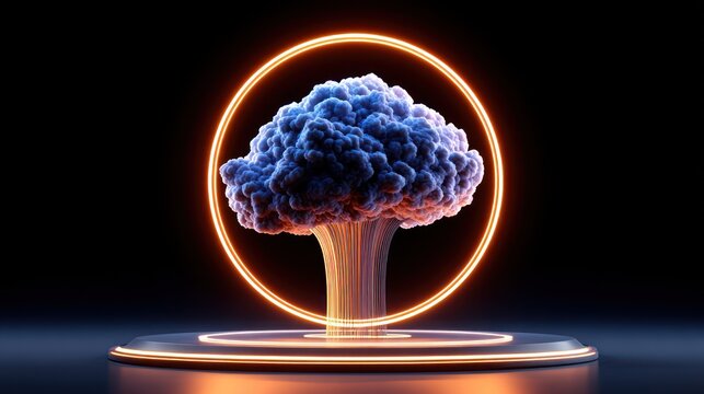 Blue cloud formation illuminated by a glowing orange circle on a dark platform. - Powered by Adobe